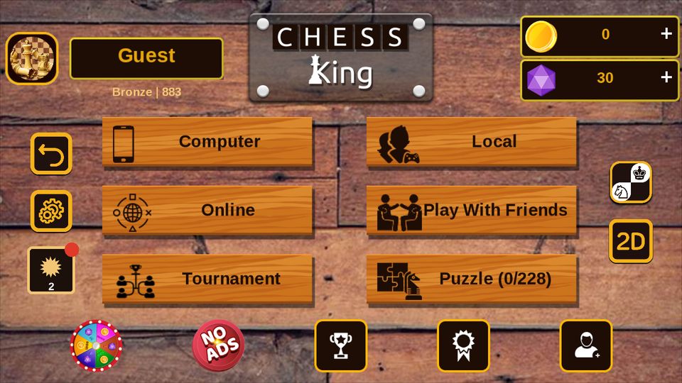 The Chess King home screen with computer, online, friends, tournament and puzzle modes